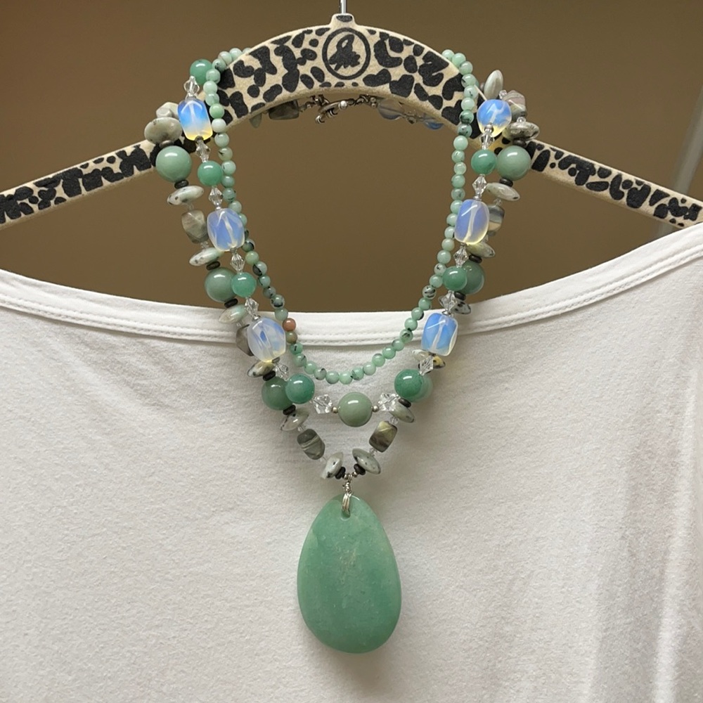 Jade and natural stone 3 tier necklace with Bali silver toggle closure